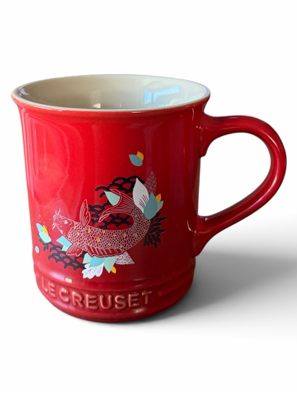 Le Creuset Lotus Cerise Cherry Red Coffee Mug Cup Lucky Koi Fish New Collectible